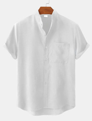 Short-sleeve button-up shirt in white with front placket and chest pocket