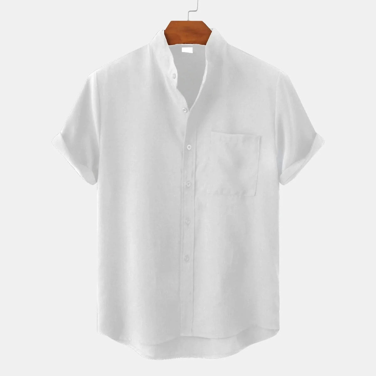 Short-sleeve button-up shirt in white with front placket and chest pocket