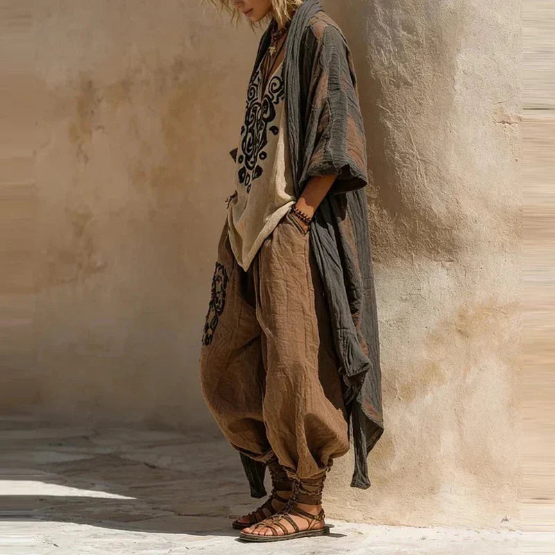 Linen-blend matching set with light gray printed tunic and camel harem pants