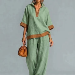 Women's linen-look co-ord set in green: V-neck tunic top and wide-leg pants