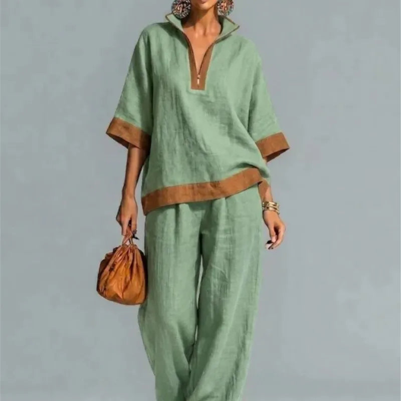 Women's linen-look co-ord set in green: V-neck tunic top and wide-leg pants