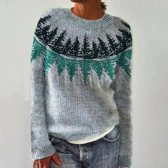 Delaney™ classic knitted sweater, gray with teal and dark forest pattern
