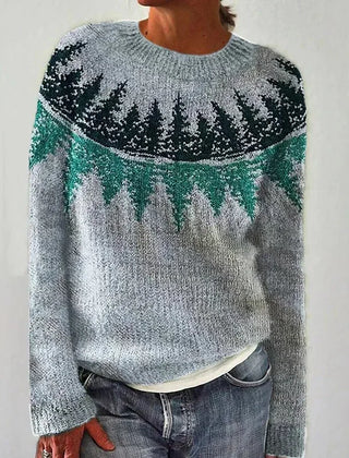 Delaney™ classic knitted sweater, gray with teal and dark forest pattern
