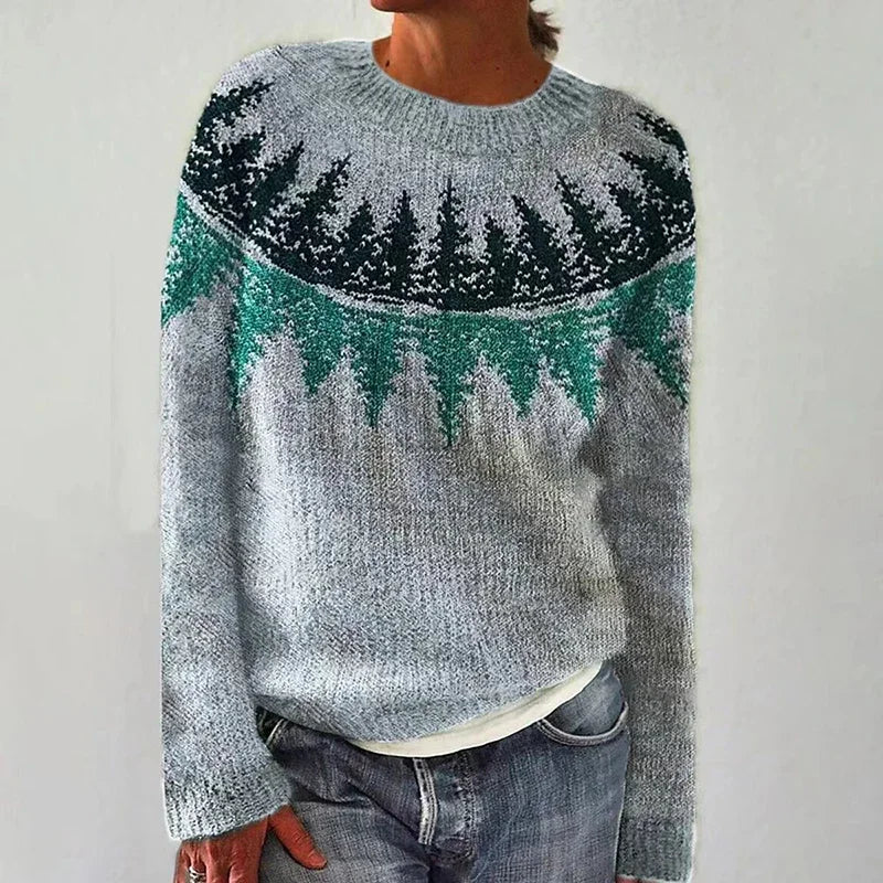 Delaney™ classic knitted sweater, gray with teal and dark forest pattern