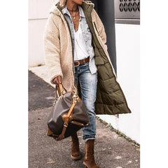 Army green puffer winter coat with beige sherpa trim, hood, and long sleeves