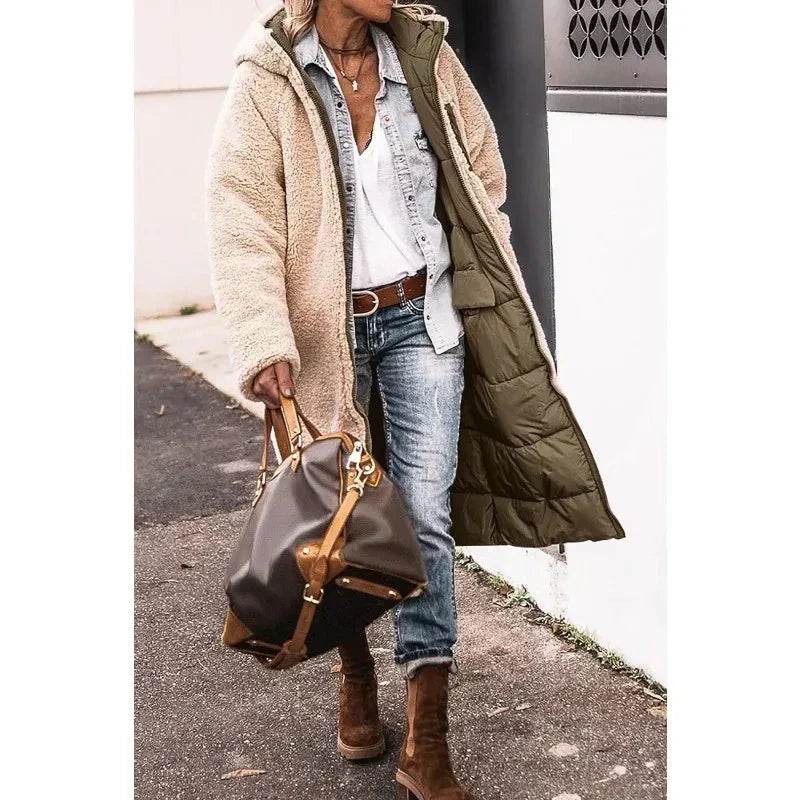 Army green puffer winter coat with beige sherpa trim, hood, and long sleeves