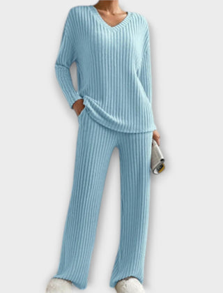 Turquoise ribbed knit two-piece set, V-neck long-sleeve top and wide-leg pants