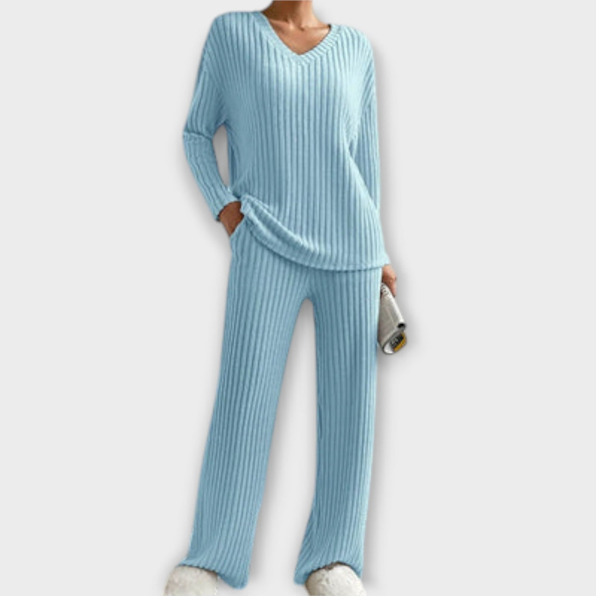 Turquoise ribbed knit two-piece set, V-neck long-sleeve top and wide-leg pants