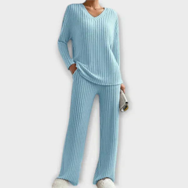 Light blue ribbed knit loungewear set with V-neck long sleeves and wide-leg pants