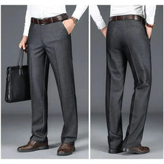 Charcoal dress trousers shown in two angles with belt, straight leg and pockets.
