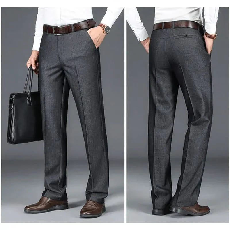 Charcoal dress trousers shown in two angles with belt, straight leg and pockets.