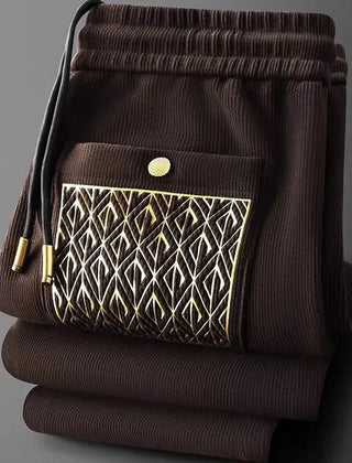 Chocolate brown ribbed cotton pants, elastic waistband with drawstring, patterned pocket