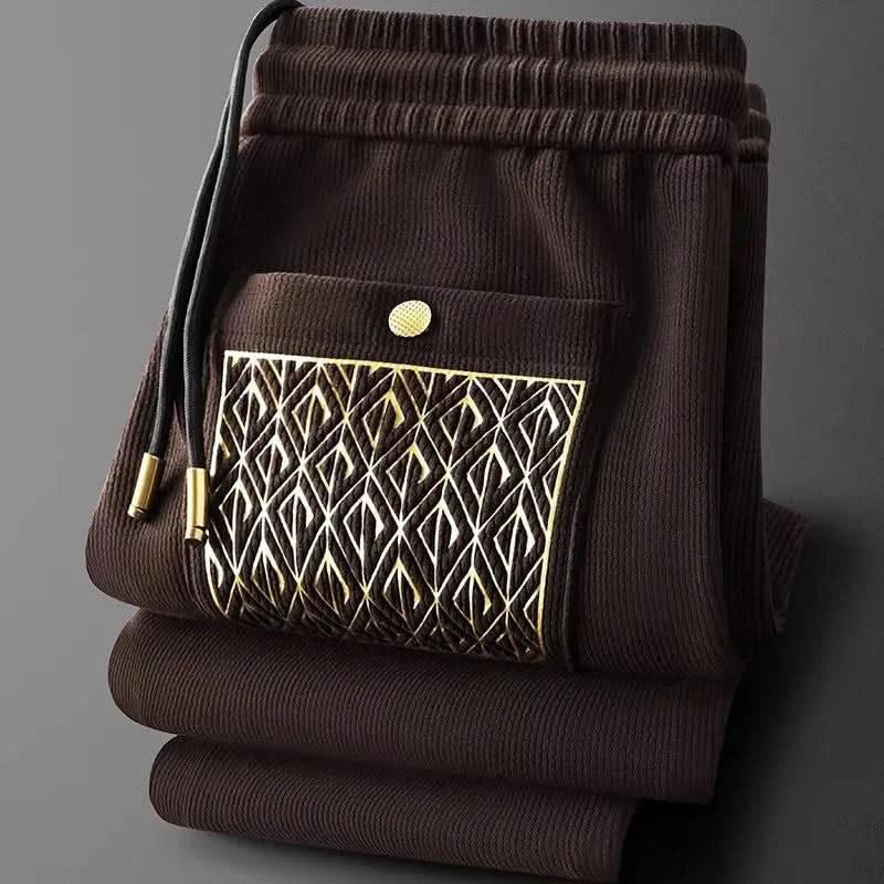 Chocolate brown ribbed cotton pants, elastic waistband with drawstring, patterned pocket