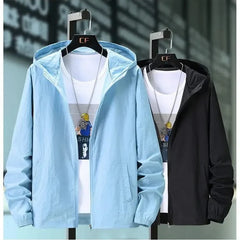 Light blue and black hooded summer jackets side by side, zip front and elastic cuffs