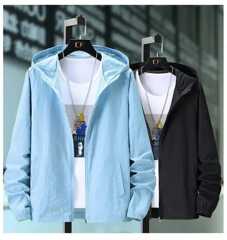 Light blue and black hooded summer jackets side by side, zip front and elastic cuffs