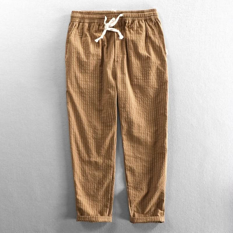 Khaki striped linen pants with elastic waistband and drawstring, cropped ankle length
