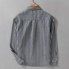 Stone grey pinstripe layered shirt, back view with buttoned cuffs