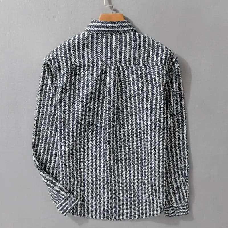 Stone grey pinstripe layered shirt, back view with buttoned cuffs