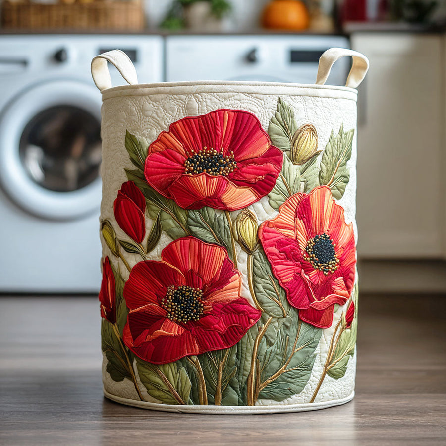 Fabric laundry basket with red poppy floral print and round top handles