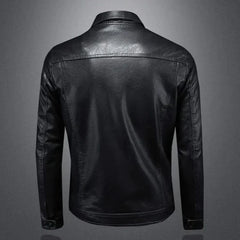 Black leather jacket back view with smooth yoke and long sleeves.