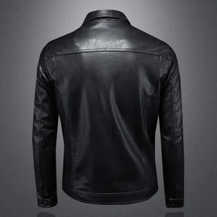 Black leather jacket back view with smooth yoke and long sleeves.