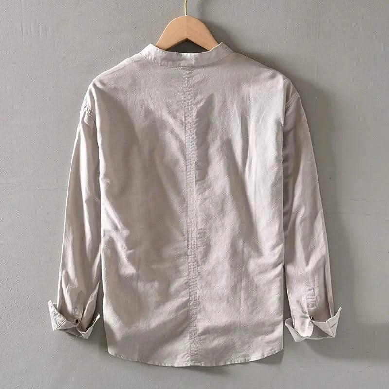 White linen mandarin shirt back view with center seam and long sleeves