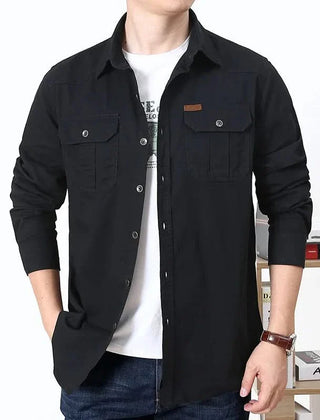 Black button-front adventure shirt with two chest pockets and long sleeves
