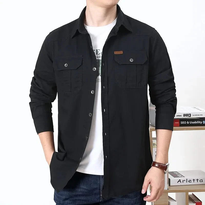 Black button-front adventure shirt with two chest pockets and long sleeves