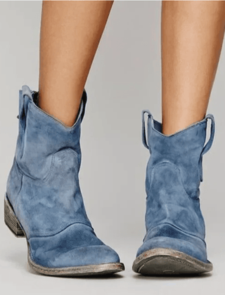 Blue suede orthopedic ankle boots with block heel and pull-on loop detail