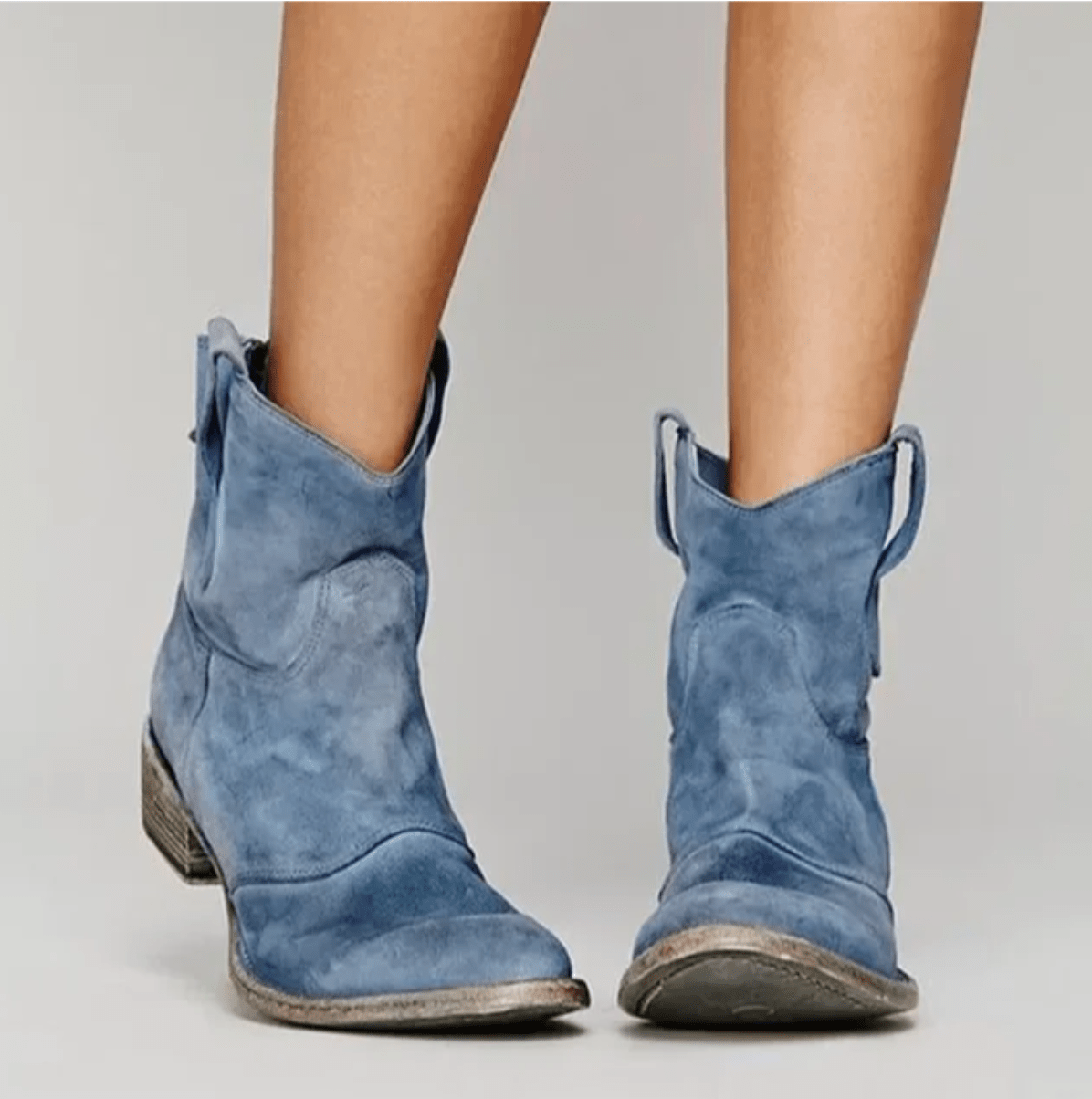 Blue suede orthopedic ankle boots with block heel and pull-on loop detail