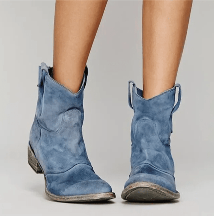 Blue suede orthopedic ankle boots with block heel and pull-on loop detail