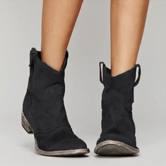 Black suede orthopedic ankle boots with block heel and pull-on loop detail