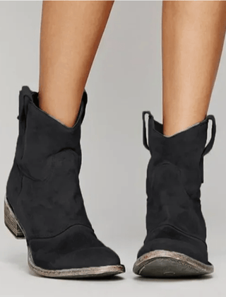 Black suede orthopedic ankle boots with block heel and pull-on loop detail