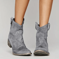 Gray suede orthopedic ankle boots with block heel and pull-on loop detail