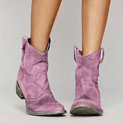 Pink suede orthopedic ankle boots with block heel and pull-on loop detail