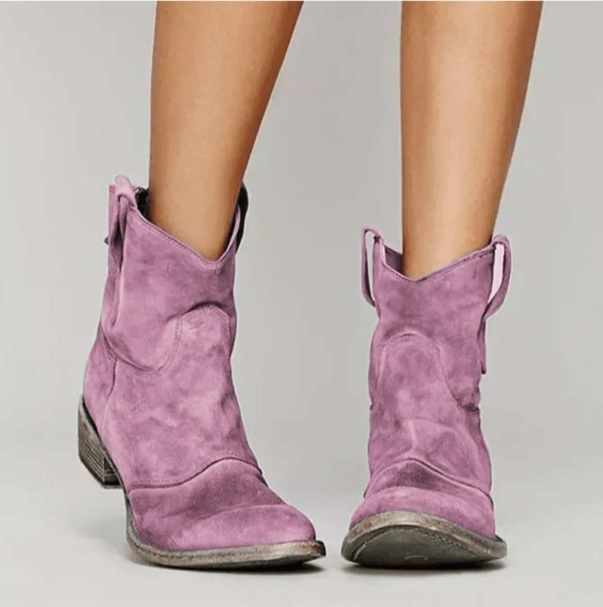 Pink suede orthopedic ankle boots with block heel and pull-on loop detail