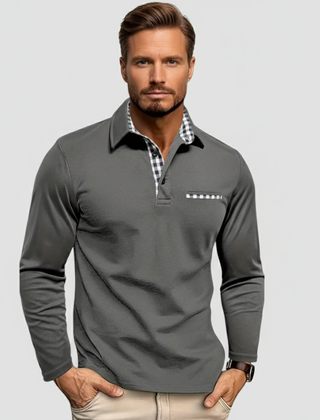 Long-sleeve dark grey polo shirt with contrast gingham inner collar and small chest pocket.