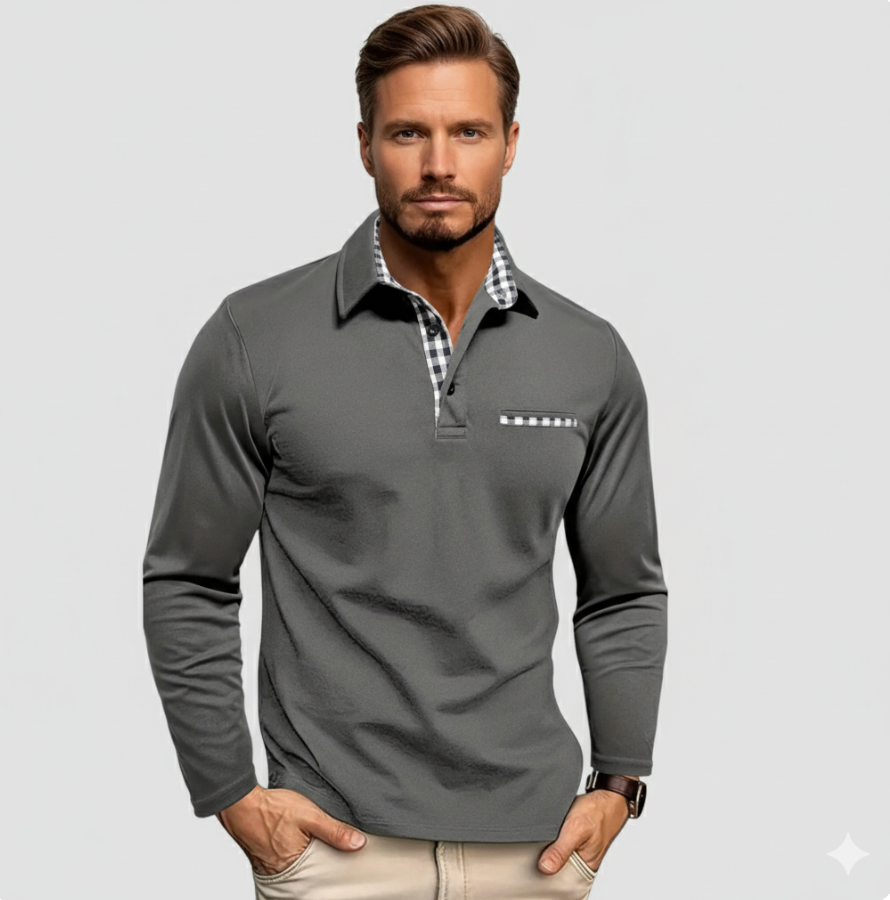 Long-sleeve dark grey polo shirt with contrast gingham inner collar and small chest pocket.