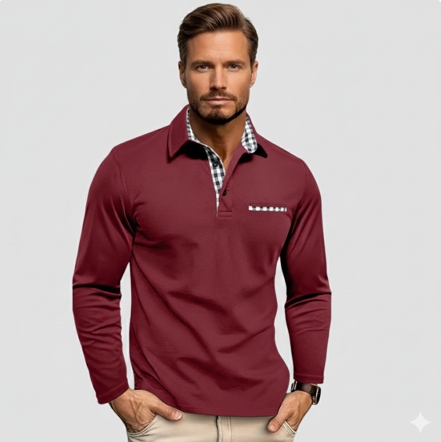 Long-sleeve polo shirt in bordeaux with gingham inner collar, half-zip placket, chest pocket.