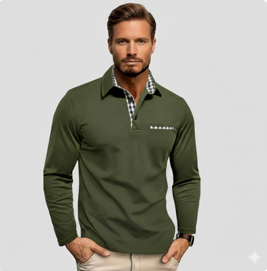 Long-sleeve polo shirt in green with gingham inner collar and small chest pocket.