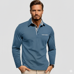 Long-sleeve polo shirt in blue with gingham inner collar and small chest pocket.