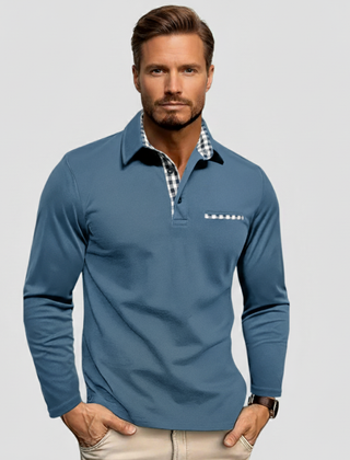 Long-sleeve polo shirt in blue with gingham inner collar and small chest pocket.