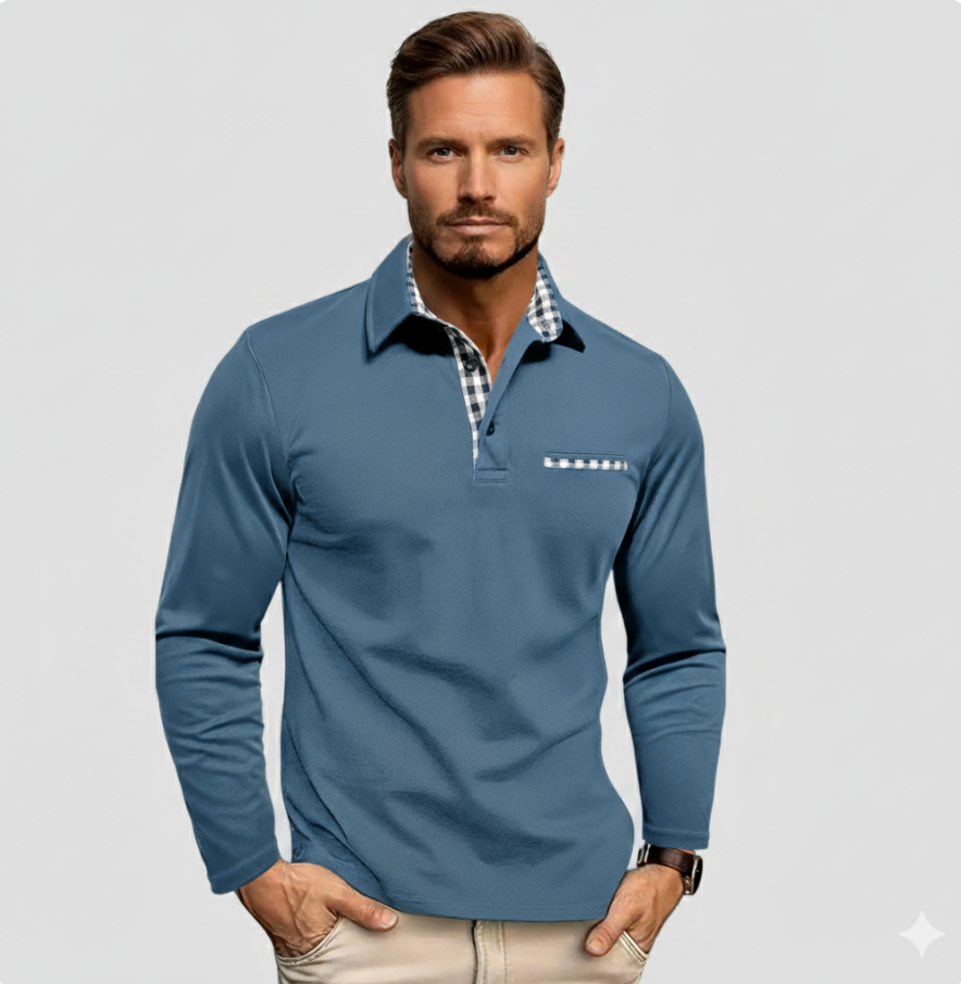 Long-sleeve polo shirt in blue with gingham inner collar and small chest pocket.