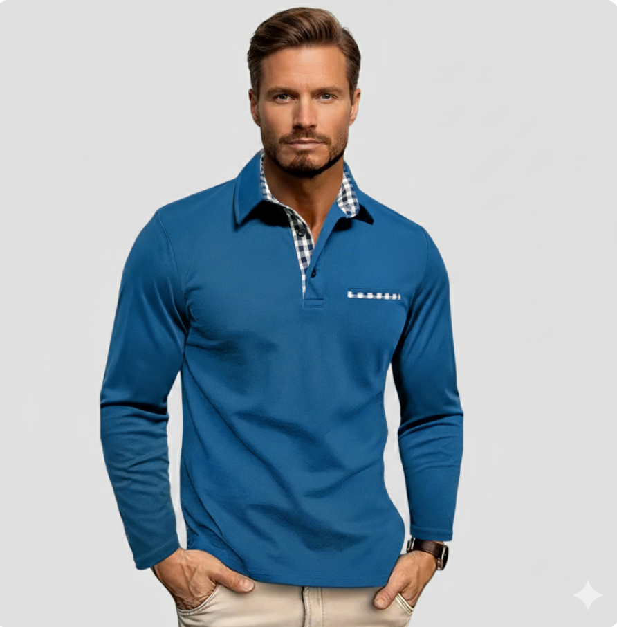 Long-sleeve polo shirt in deep blue with gingham inner collar and small chest pocket.