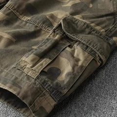 Camo cargo shorts close-up of side cargo pocket and reinforced seams