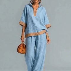 Women's linen-look co-ord set in light blue: V-neck tunic top and wide-leg pants