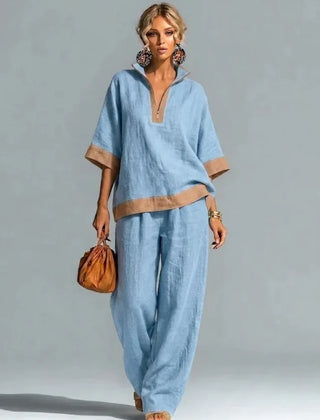 Women's linen-look co-ord set in light blue: V-neck tunic top and wide-leg pants