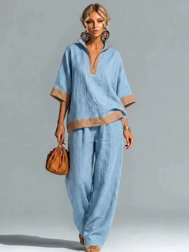Women's linen-look co-ord set in light blue: V-neck tunic top and wide-leg pants
