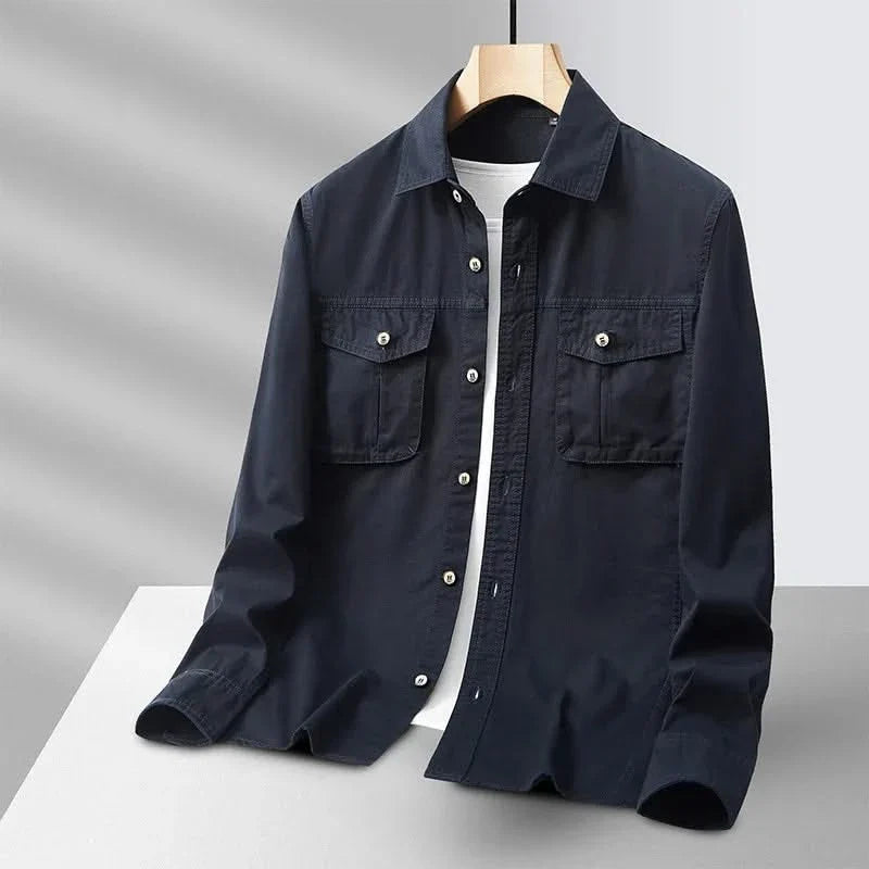 Navy canvas overshirt with button front and two chest pockets