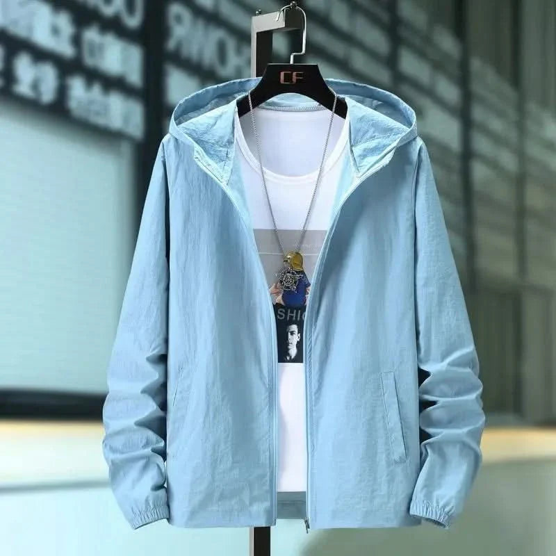 Hooded summer jacket in pale blue, front view with zipper and elastic cuffs